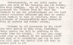 Extract from St Luke’s Hospital and Social Club Magazine Editorial, March 1962